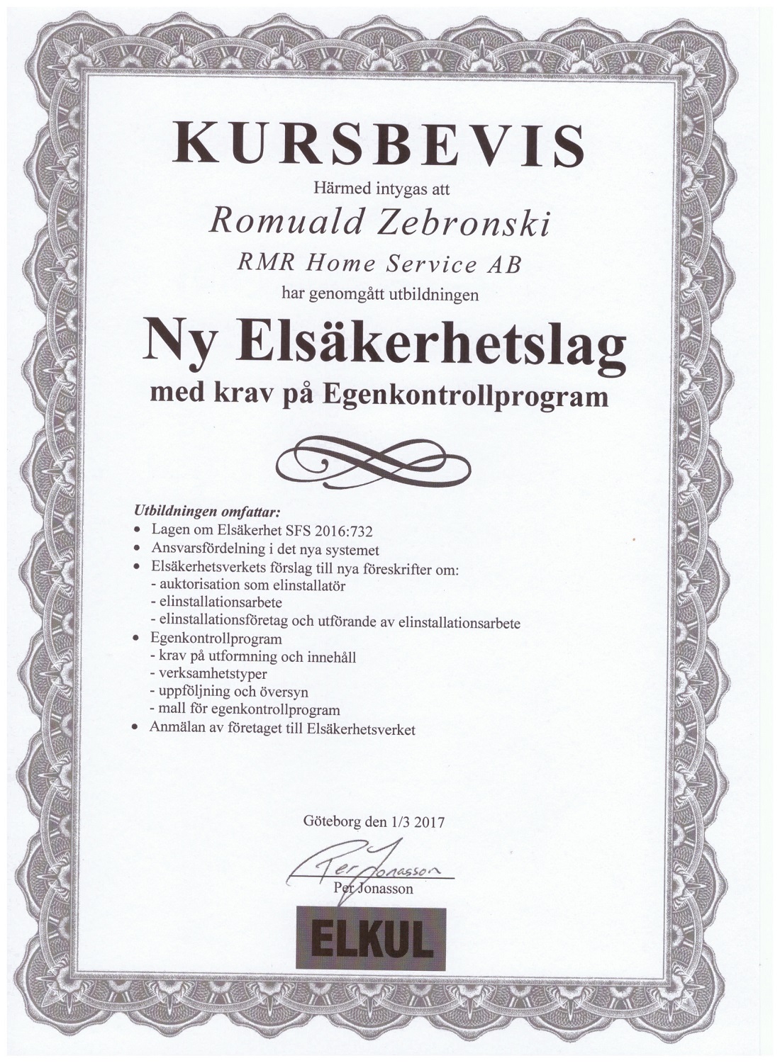 Kursbevis - Ny säkerhetslag